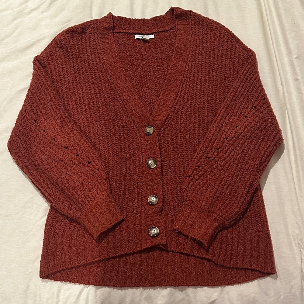 American Eagle Cozy Knit Button-Up Sweater Cardigan in Rust